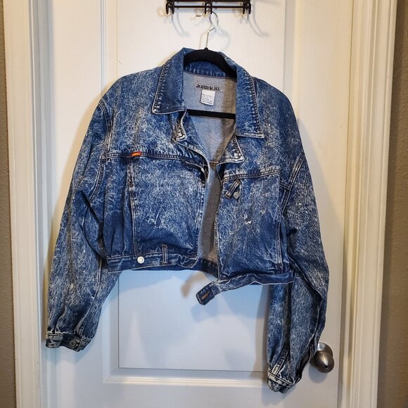 🔥Jordache Iconic 80s Acid Wash Denim Jacket | Wide Collar Cropped Oversized L🔥 - Picture 3 of 14